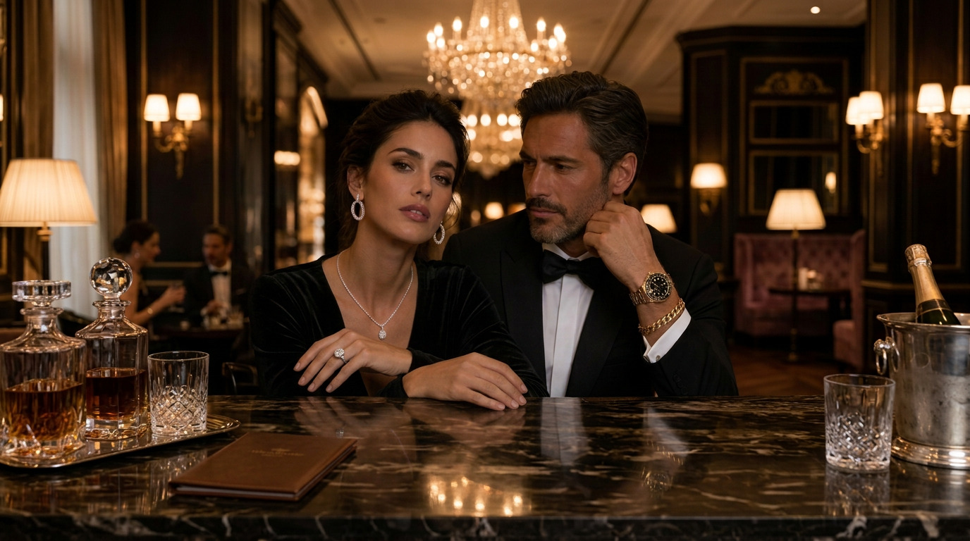 Couple in fall eveningwear featuring a diamond engagement ring, hoop earrings, pendant necklace, gold watch and Cuban-link bracelet at a chandelier-lit bar