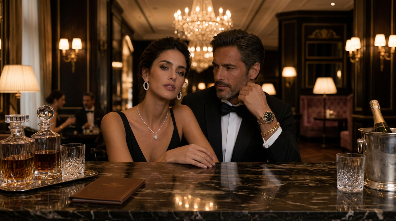 Models wearing a diamond engagement ring, hoop earrings, pendant necklace, gold watch and cuban link bracelet at a chandelier-lit bar